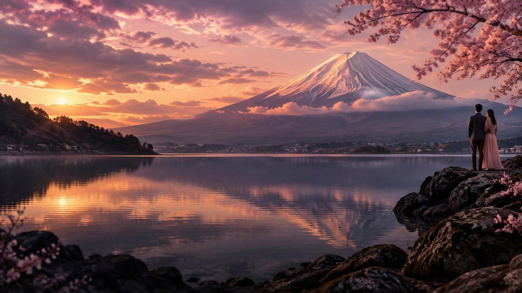 Monte Fuji y lago al atardecer, imagen de Japan Love Story